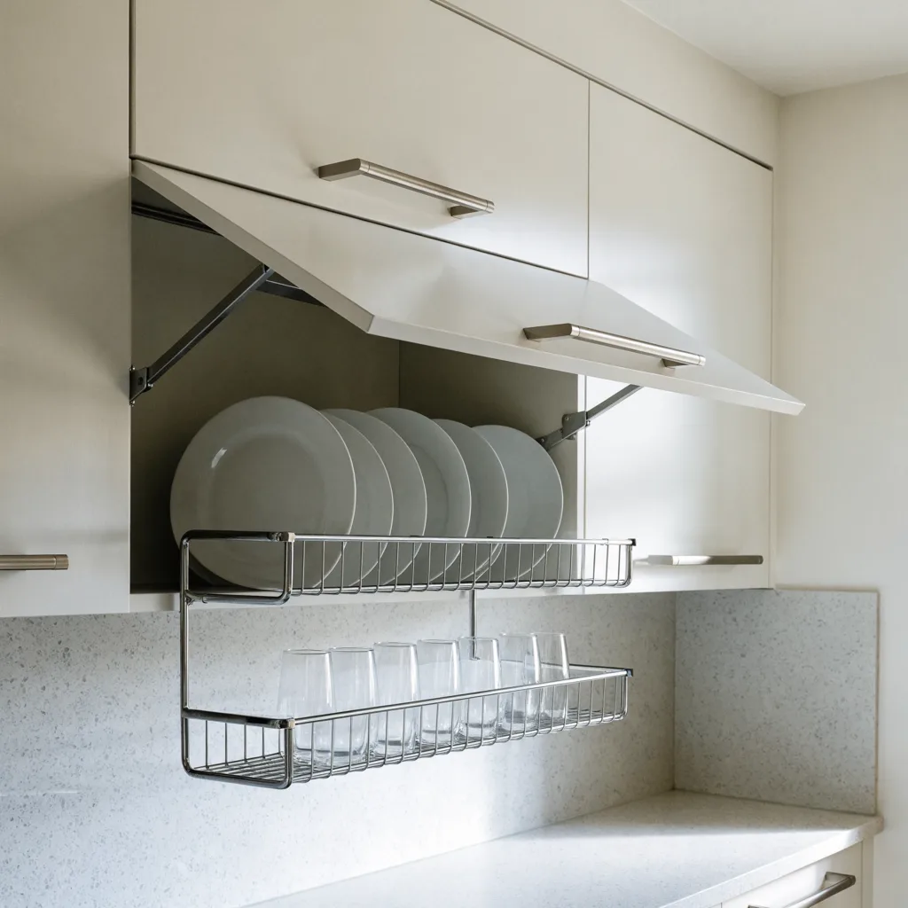 A wall cabinet in a Davie kitchen with its shelf frame swung down and forward on folding arms, plates and glasses hanging at chest height in front of the counter