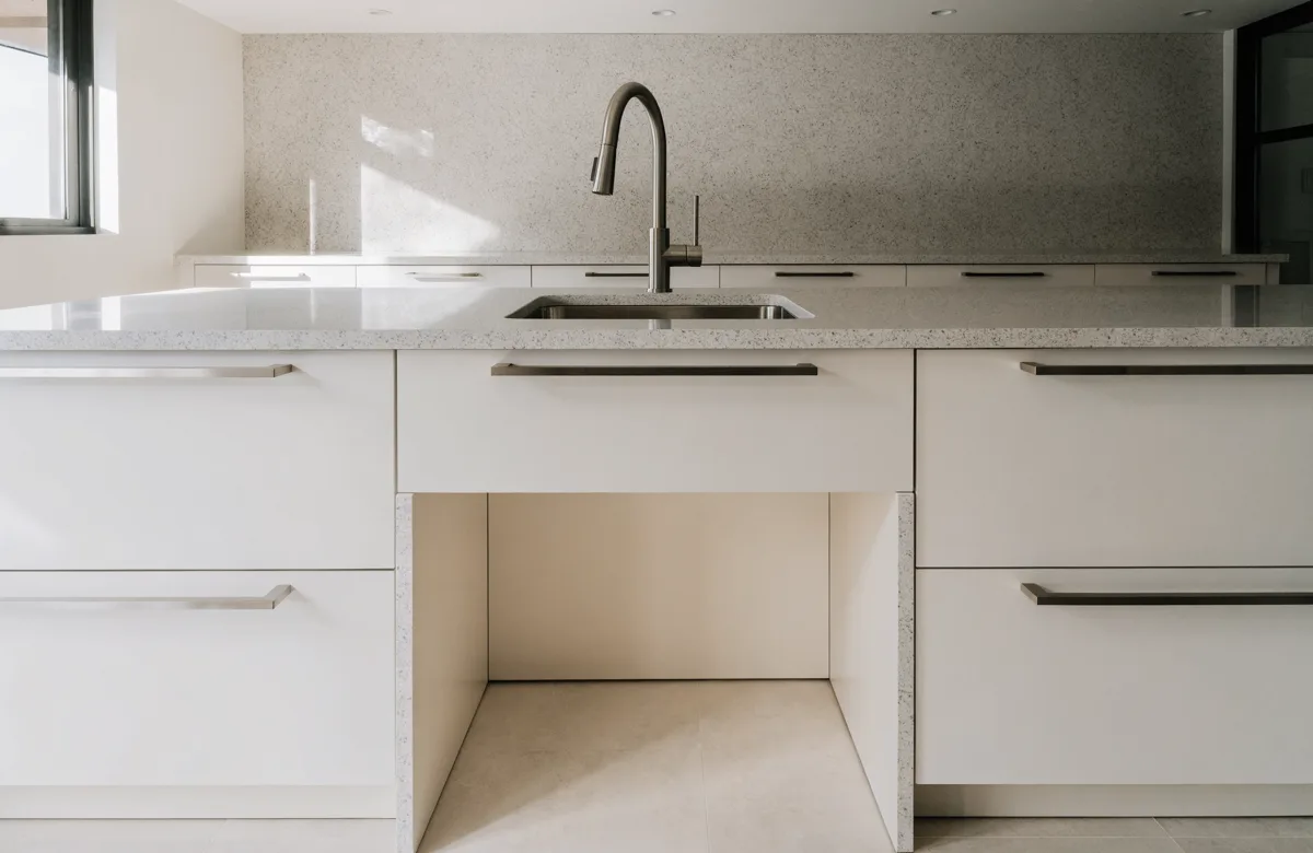 The sink of that Davie kitchen with the space under it left open all the way to the floor, the back and sides closed with a finished white panel and a lever faucet set at the side of the bowl