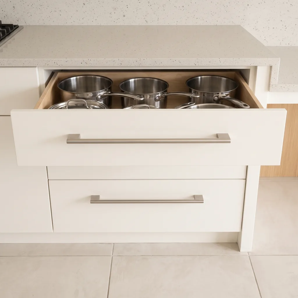 A bank of wide deep drawers under the quartz counter of a Davie kitchen, the top one pulled fully out with stainless pots standing upright inside it