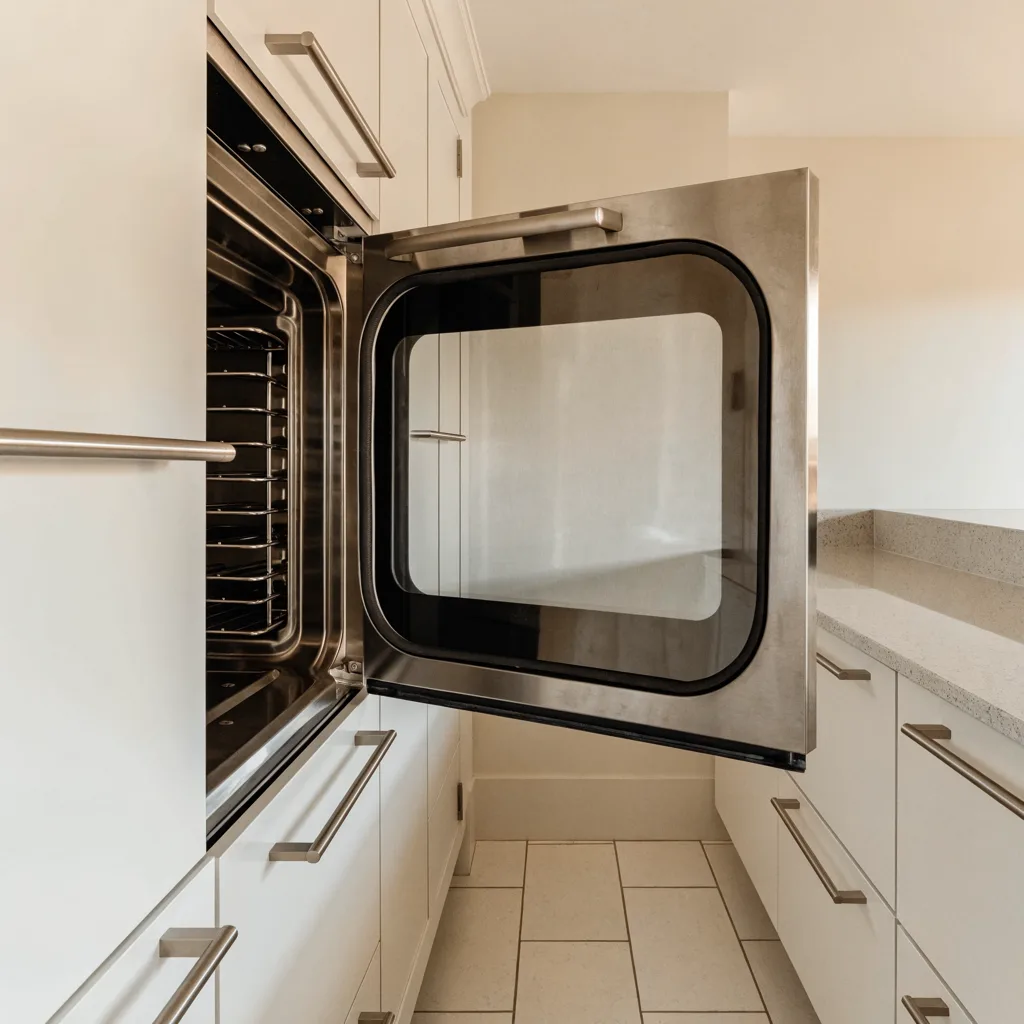 A wall oven set at chest height in a Davie kitchen, its door hinged at the side and swung wide open, with the counter run beginning right beside it