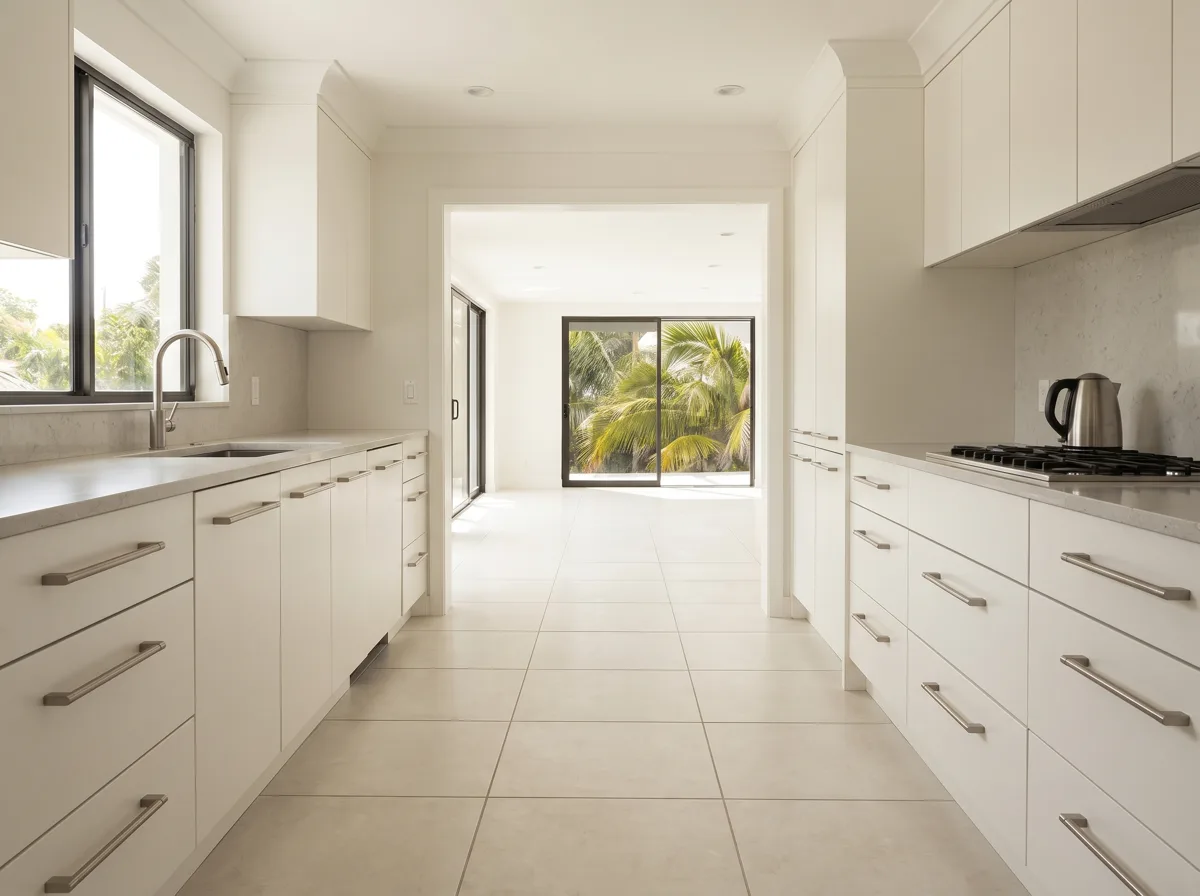 The floor of a Davie kitchen between two counter runs, one clear expanse of pale porcelain tile carrying on through the doorway into the next room without a threshold