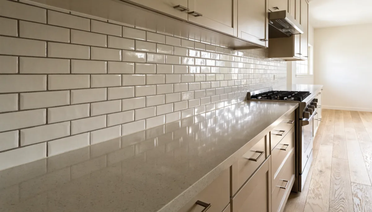 Backsplash installation Davie, FL: white subway tile covering the whole wall from the countertop to the underside of the wall cabinets and carrying on behind the range without stopping