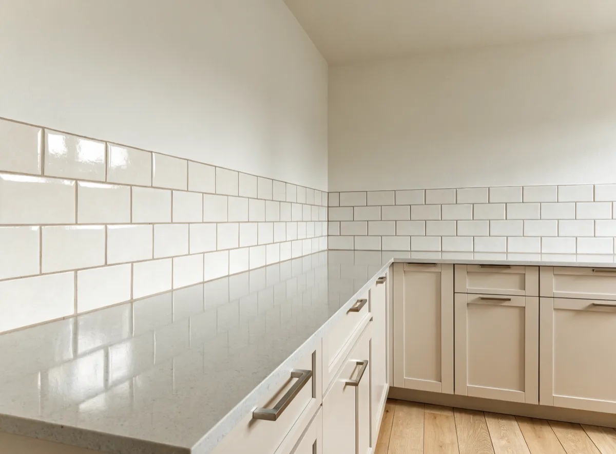 The inside corner of a Davie kitchen, tile running into the corner from both walls and the field ending on one straight horizontal line where there is no cabinet above it