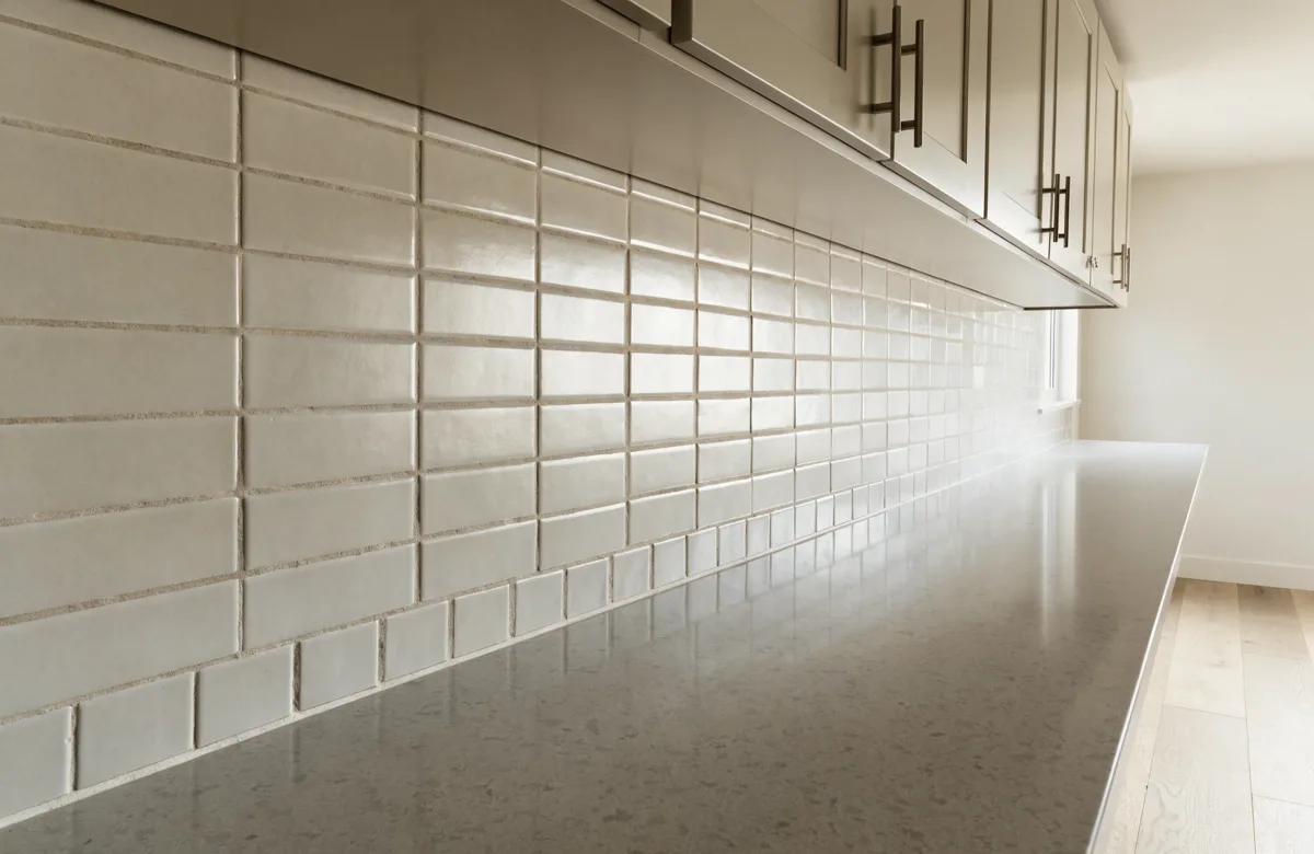 The bottom of that tile field seen along the counter, the cut course landing on the quartz with one thin straight joint running the whole length of the run