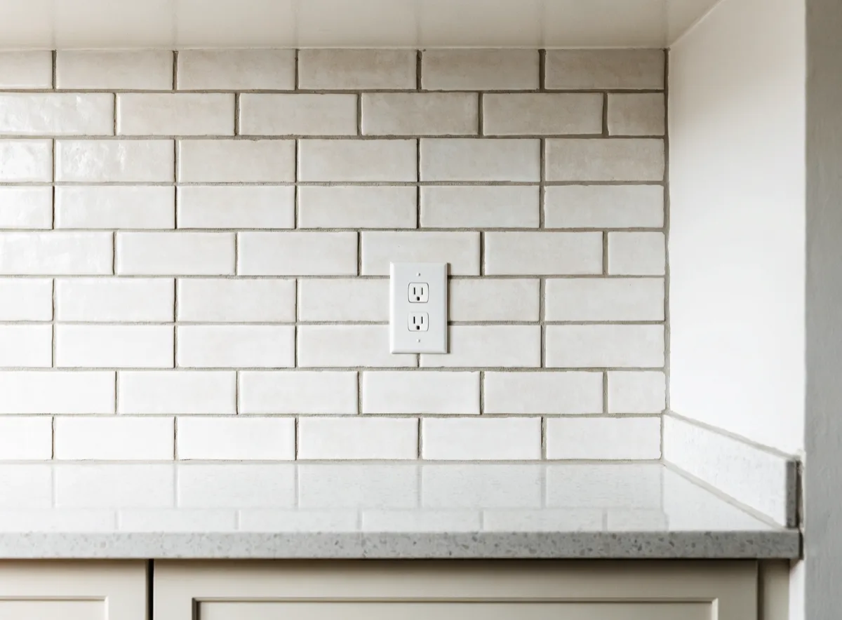 An outlet in the middle of that tile field, the cover plate sitting flat on the tile with whole tiles around it on all four sides