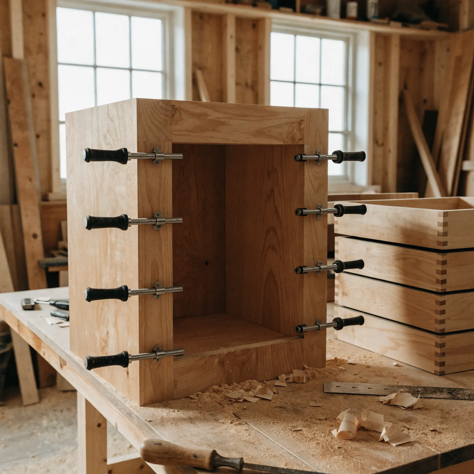 A vanity cabinet being built to a measured opening in a shop, the face frame clamped and the drawer boxes stacked beside it