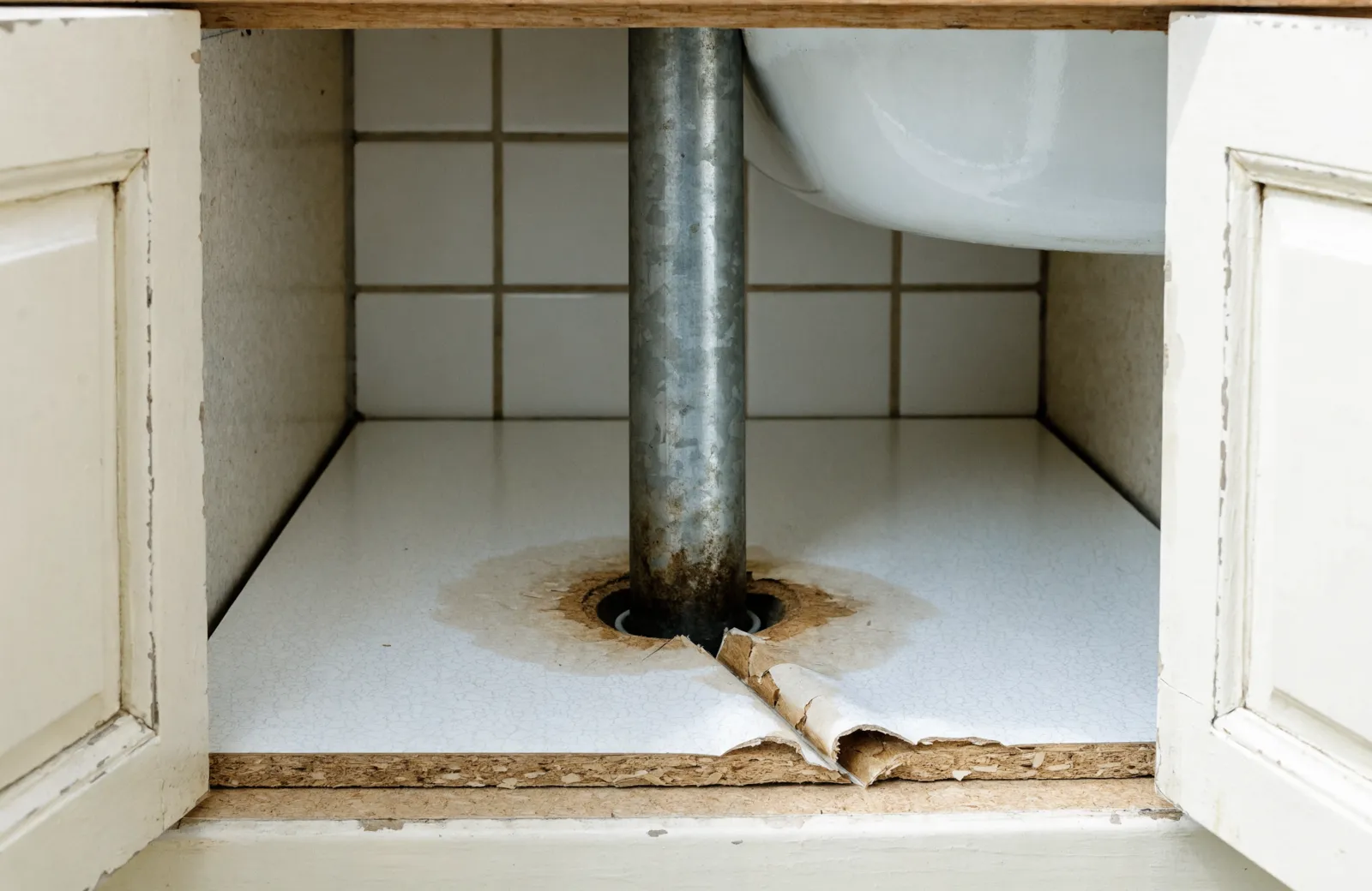 The floor of a bathroom vanity cabinet in a Davie house, the particleboard swollen and lifting where the drain passes through it