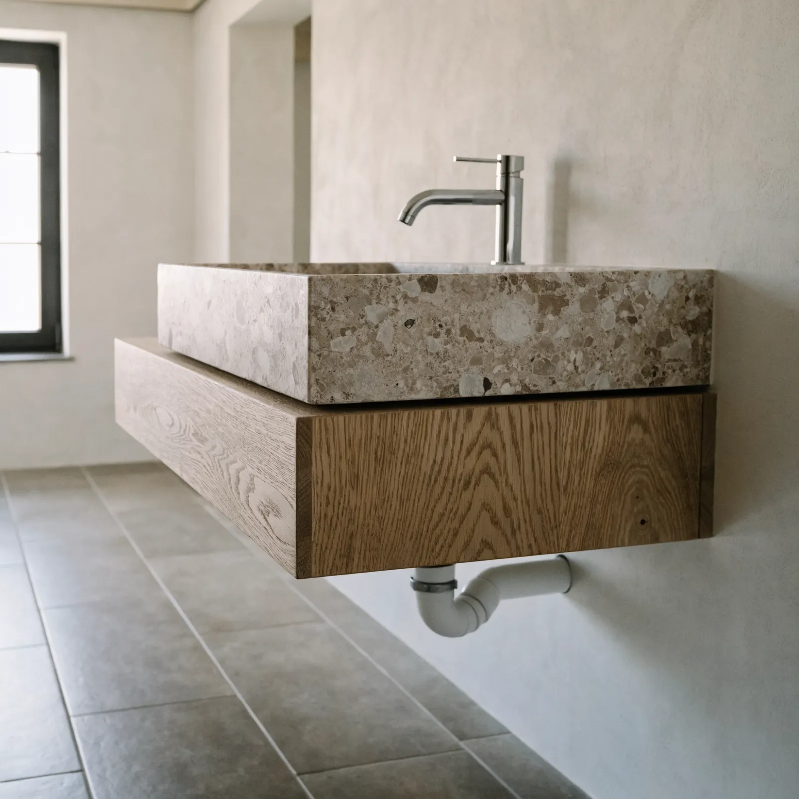 A wall-hung vanity carried on blocking set into the wall, the tile floor running clear underneath it and the drain coming out of the wall