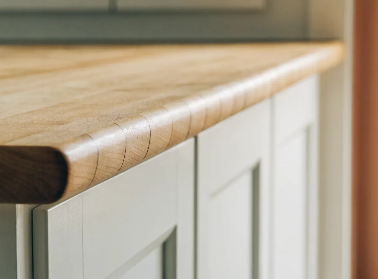 Butcher block countertop installation in Davie, FL: the eased front edge of a maple top with the laminated strips showing in profile