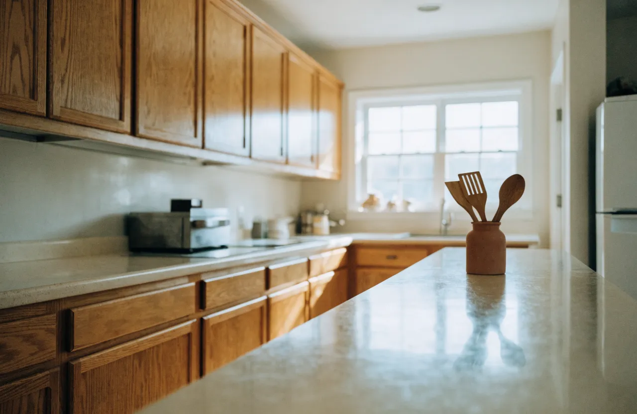 A 1980s Davie kitchen with the original cream laminate still on one run and the cabinet boxes cleared for a new wood top