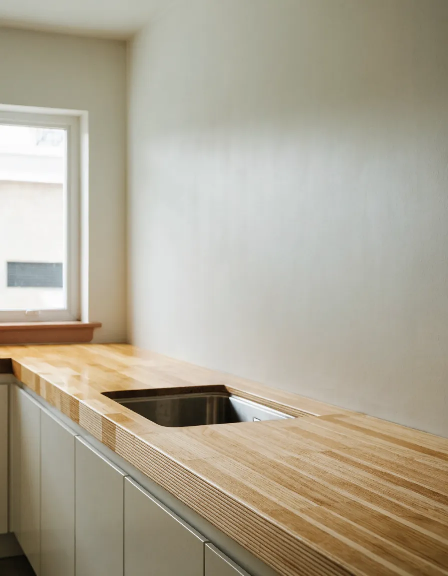 Butcher block countertop installation Davie, FL: a honey-blond maple run with the glue lines visible in the eased edge, over shaker cabinets