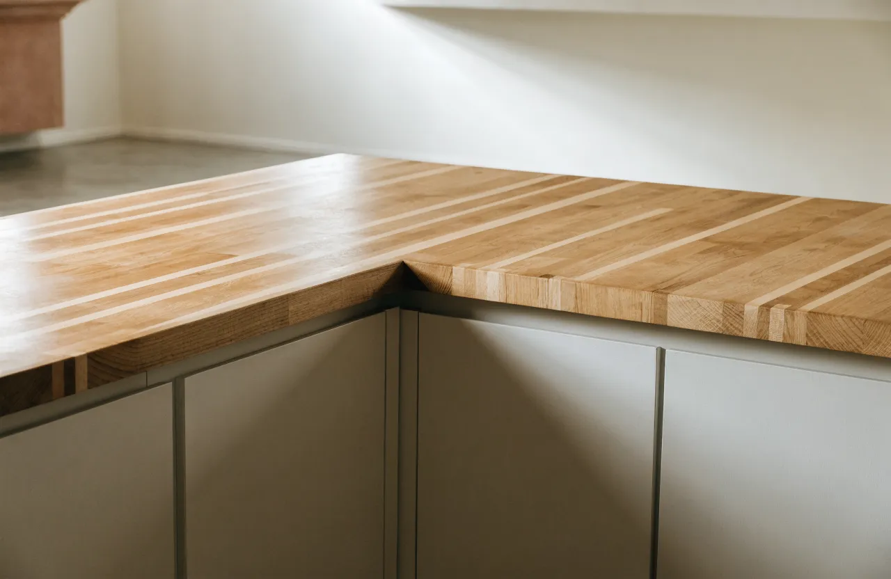 A maple butcher block run carried around an inside corner onto the second wall with the grain lines continuing across the joint