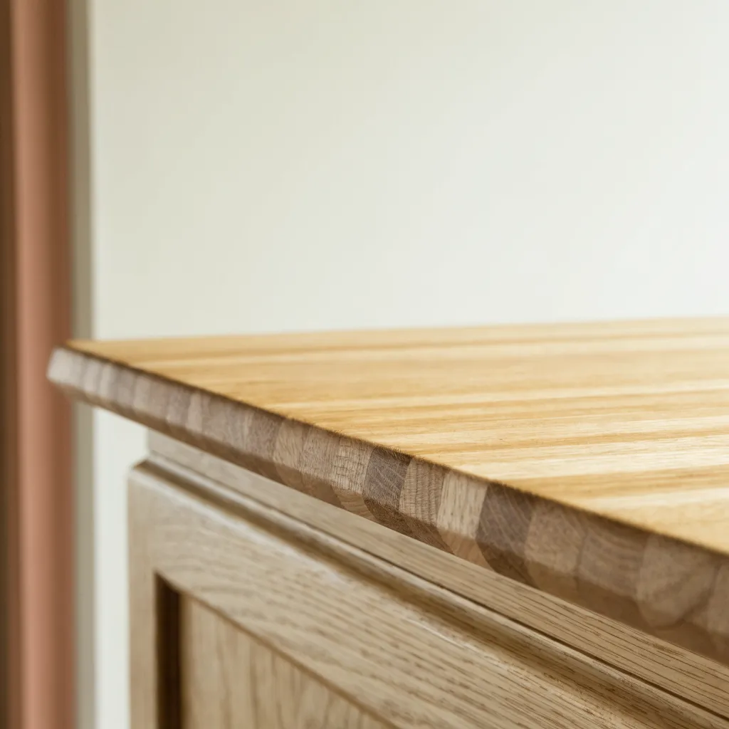 An edge grain butcher block top in maple, narrow strips turned on edge so the surface reads as long parallel lines