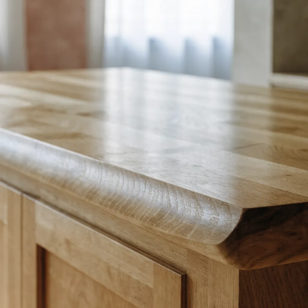 A face grain butcher block top in maple, wide flat boards glued side by side showing broad cathedral figure