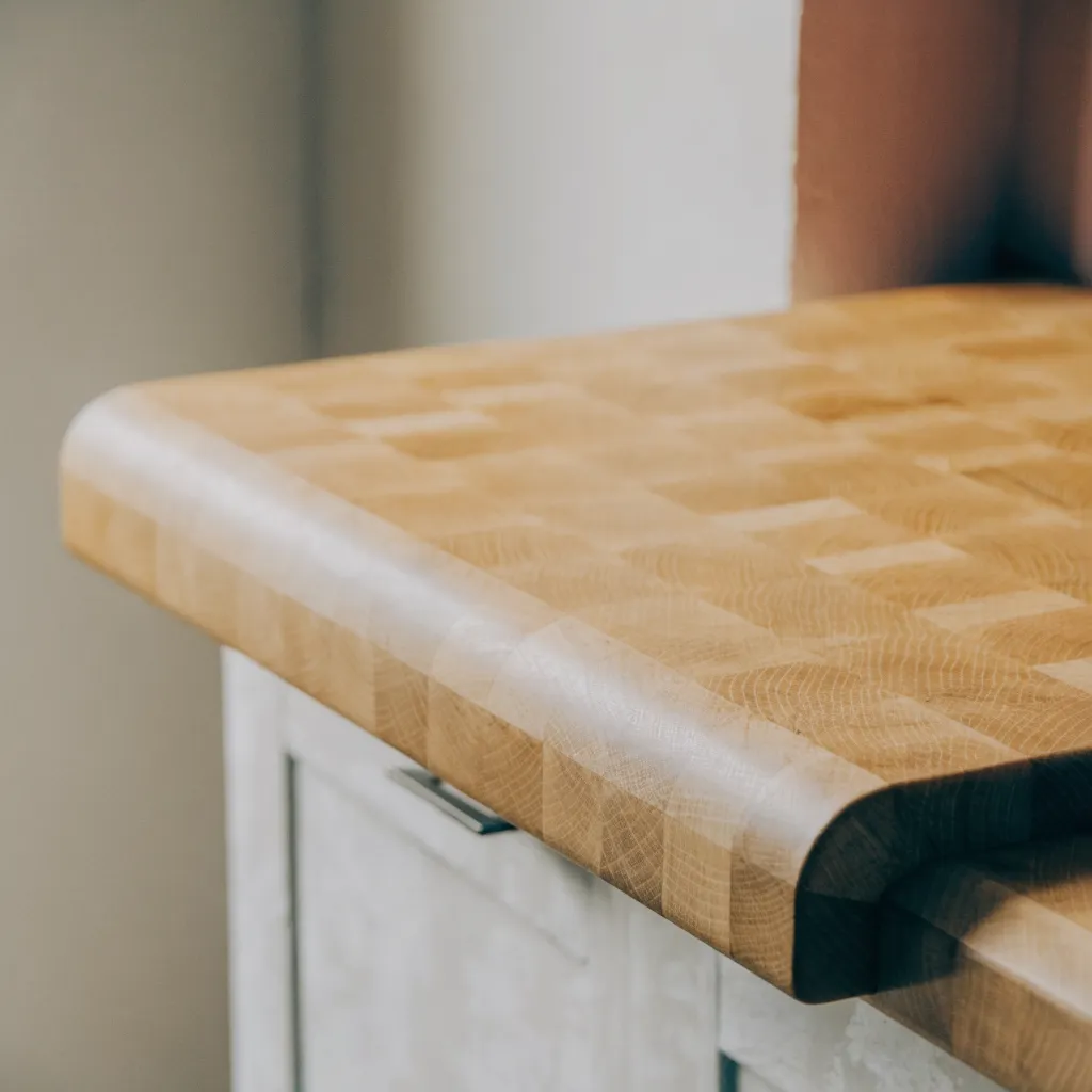An end grain butcher block top in maple, short blocks standing on end glued into a checkerboard of small squares