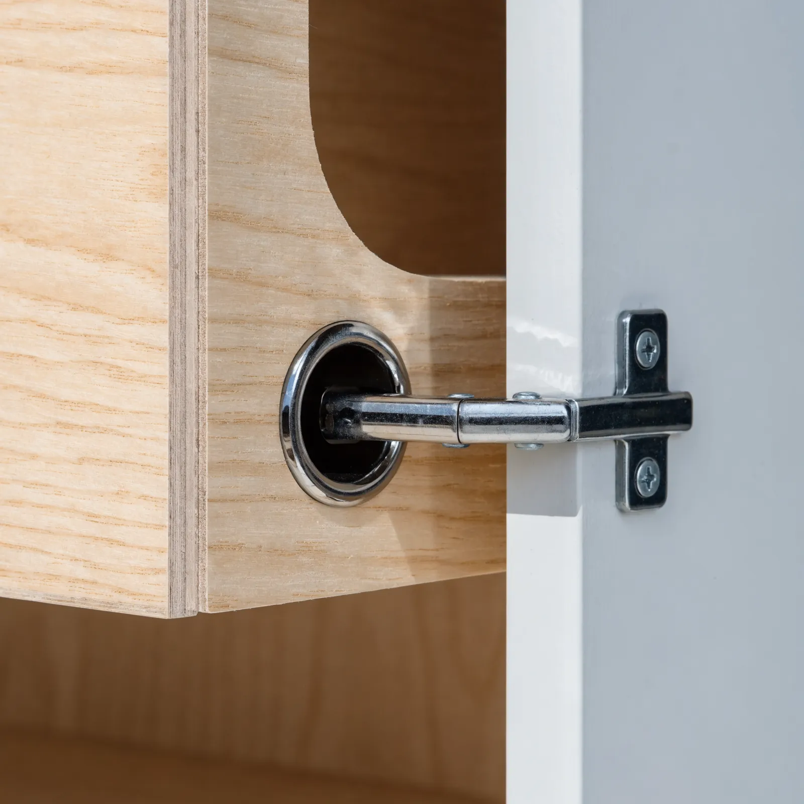 A concealed soft-close hinge seated in its round cup on the back of a cabinet door, with the mounting plate screwed to the cabinet side