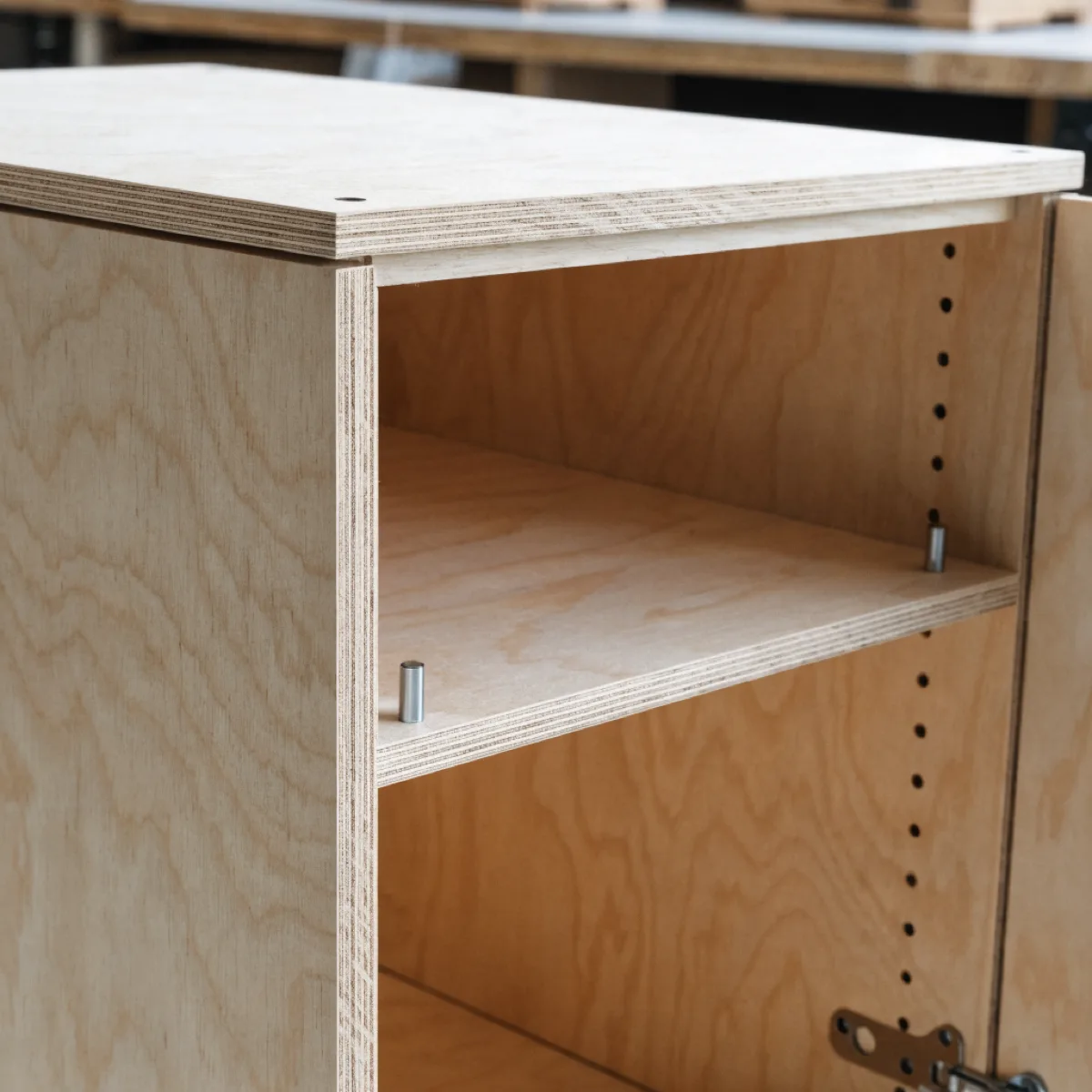 The inside of a new plywood cabinet box built for a kitchen near Bergeron Rodeo Grounds in Davie, the cut edges sealed, an adjustable shelf and a back panel set into a groove