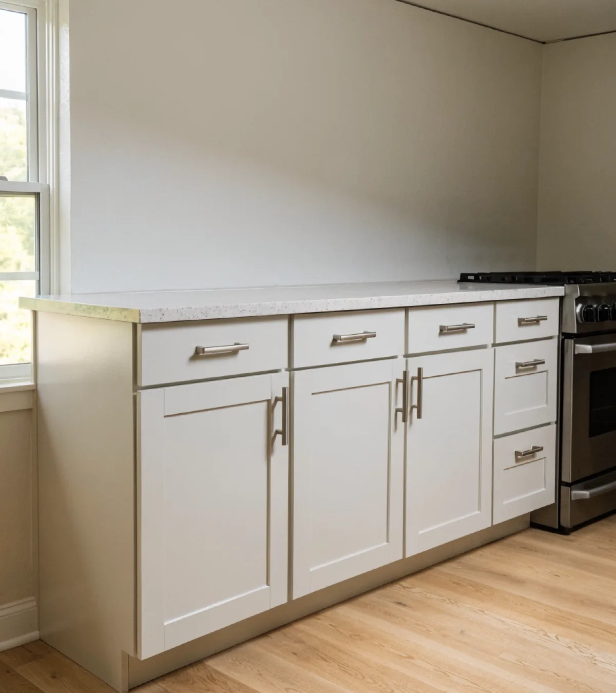 Cabinet maker near Bergeron Rodeo Grounds in Davie: a finished run of painted shaker cabinets in a single story house, drawer fronts aligned and the same pull on every door