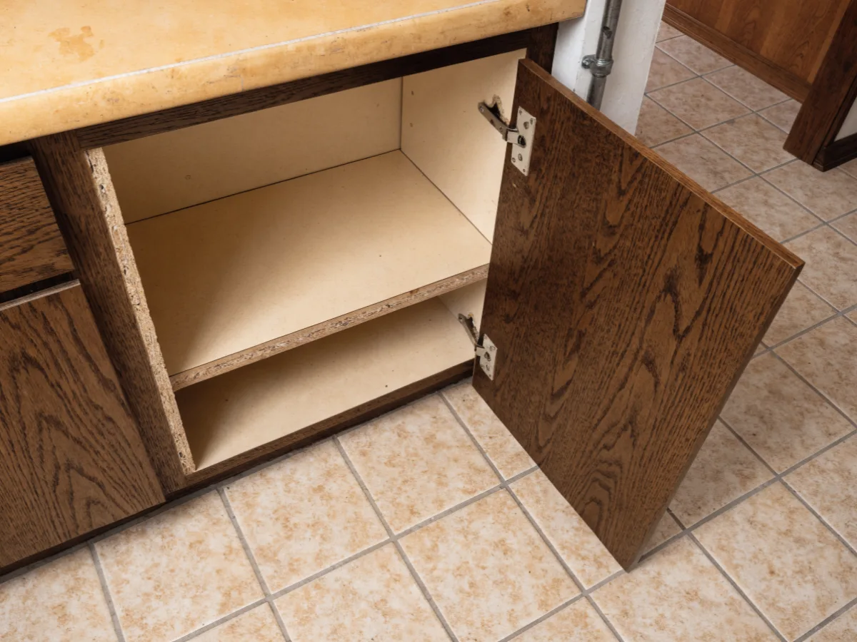 An original 1970s base cabinet in a Davie kitchen with the door taken off, a melamine faced particleboard shelf, stripped hinge screw holes and an unsealed inside edge