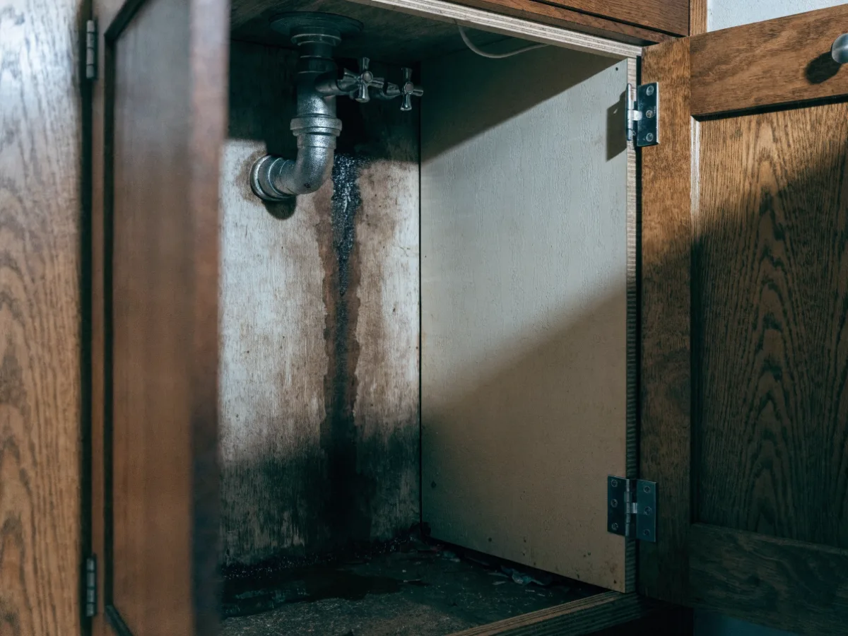 Inside a kitchen sink base in Davie, a dark trail from a slow leak running down the back of the cabinet to the corner, with the sound dry panel beside it for contrast