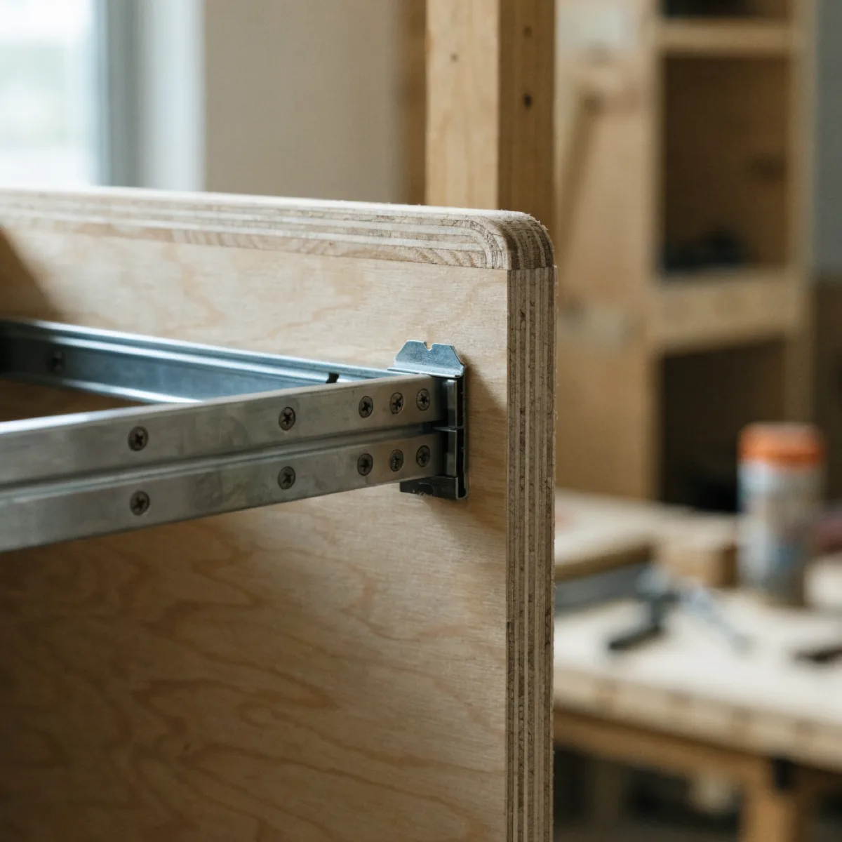 Close detail of a new plywood cabinet box built for a Davie kitchen, the cut edge sealed and a drawer slide already mounted to the side wall