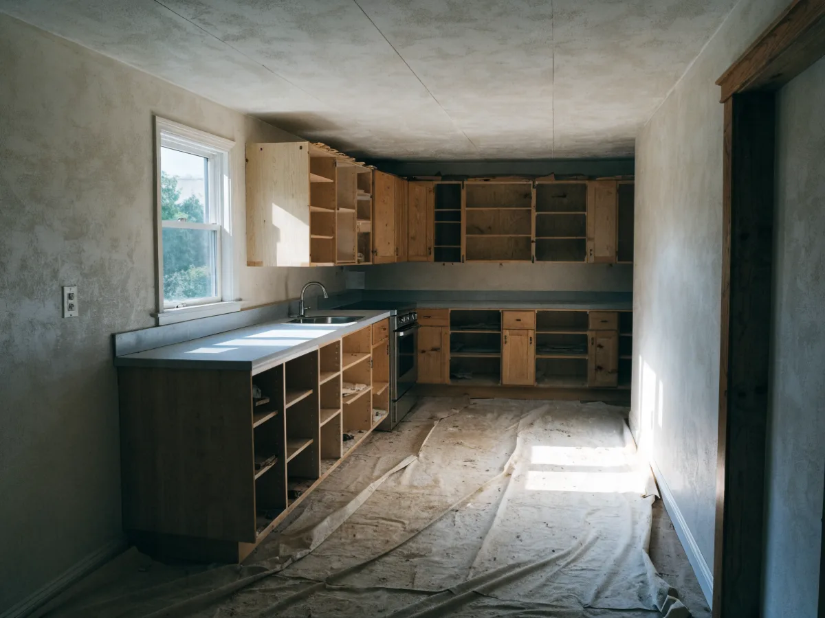 A kitchen cabinet run in a Davie house seen end on with every door removed, showing the full length of the run and the open boxes