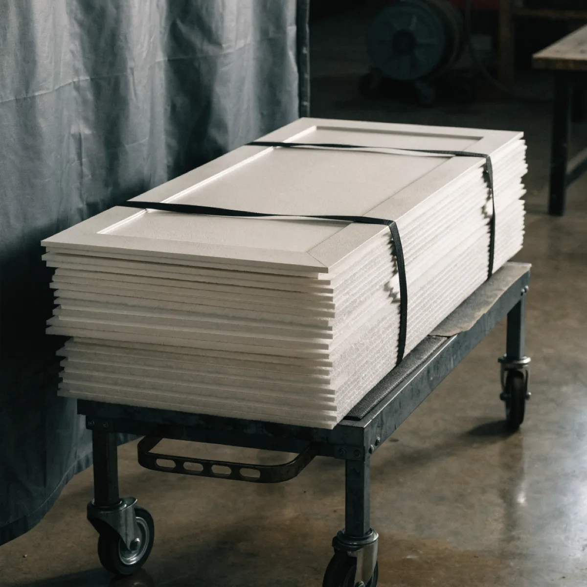 Finished doors and drawer fronts stacked flat and strapped to a shop cart at the end of the day, the whole order in one load
