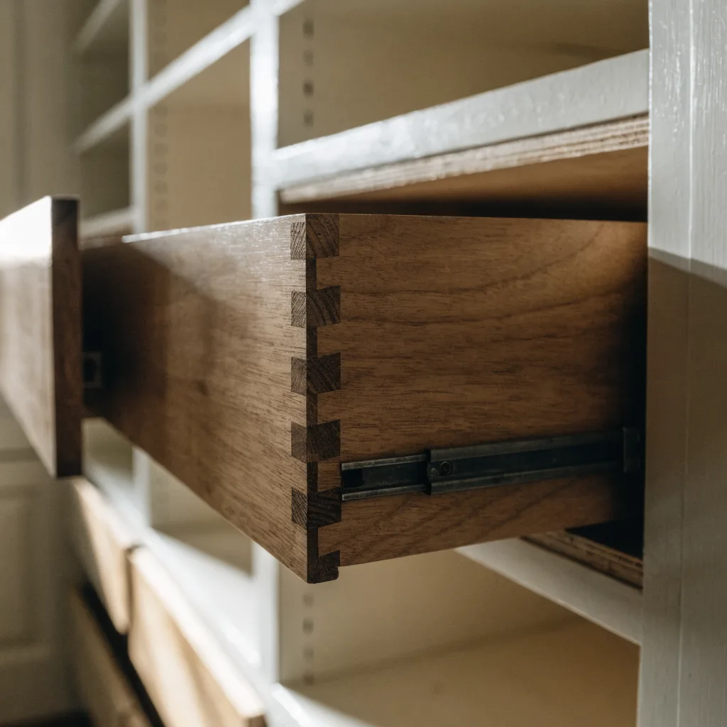 A solid wood drawer box pulled open in that same pantry near Pine Island Ridge, the dovetail joints at the corner and the sealed plywood carcass behind it