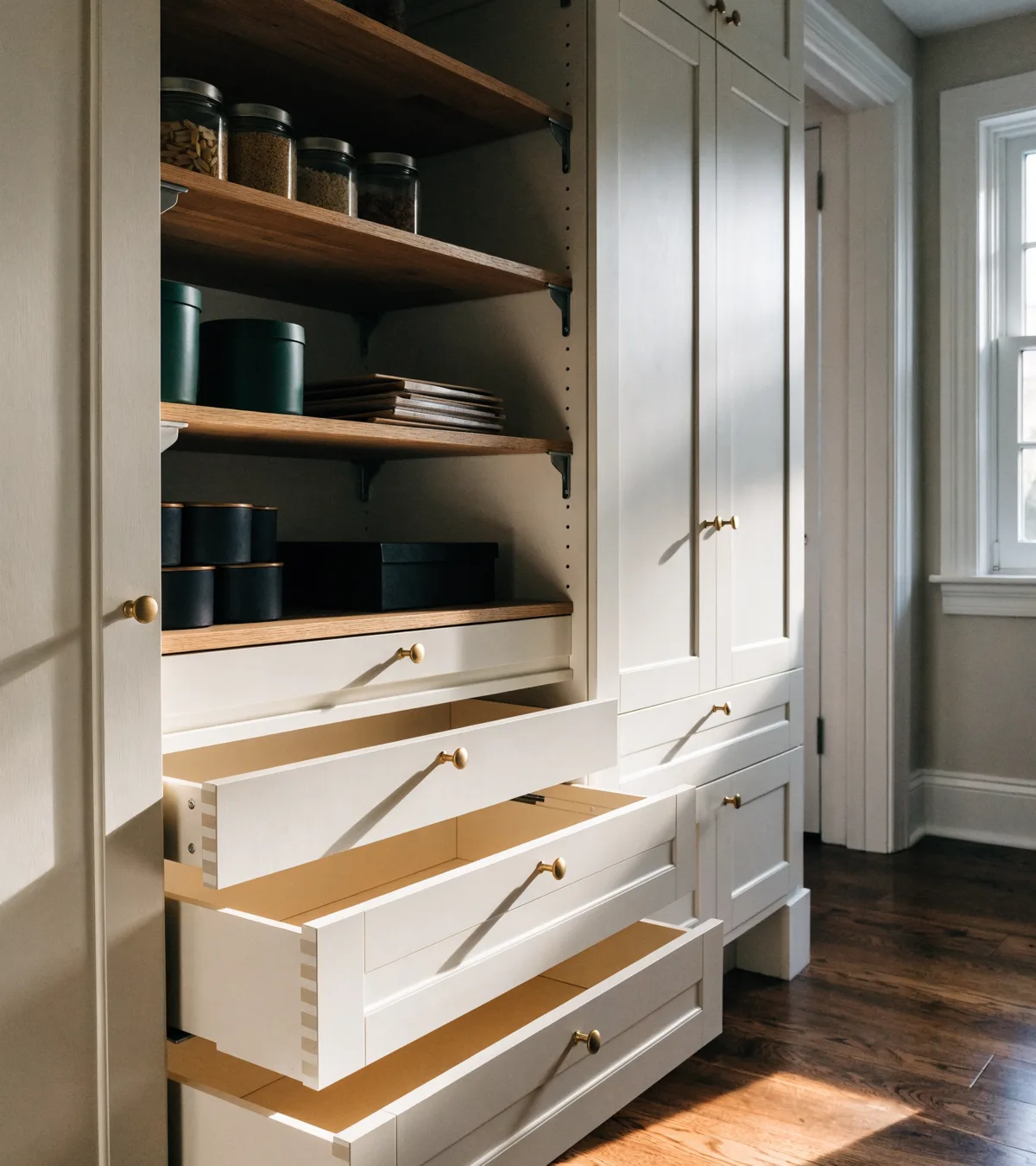 Cabinet maker near Pine Island Ridge in Davie: a finished floor to ceiling pantry run in painted shaker with dovetailed drawers