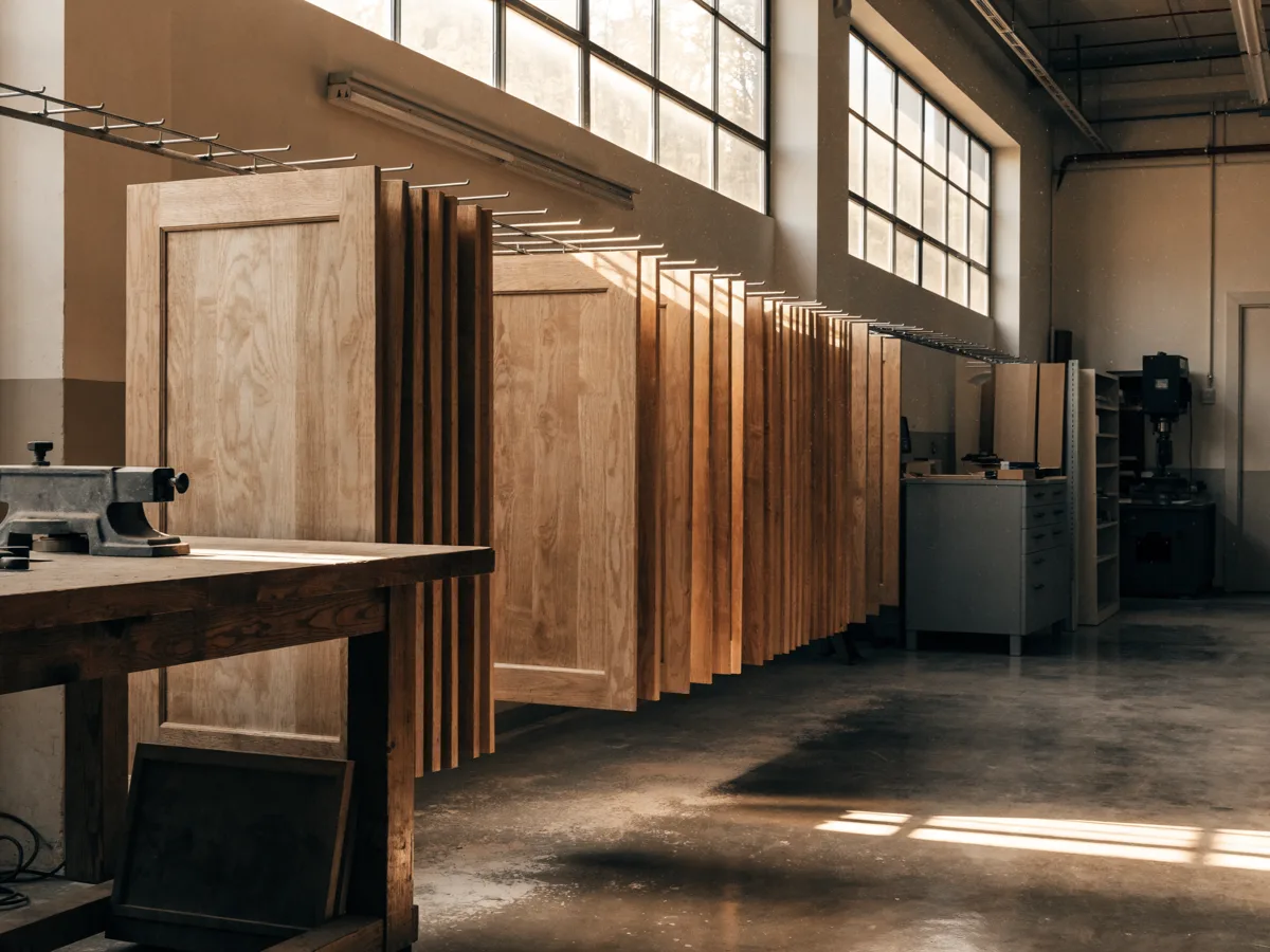 Finished shaker doors racked in the shop at the end of the day, for a kitchen near Pine Island Ridge in Davie