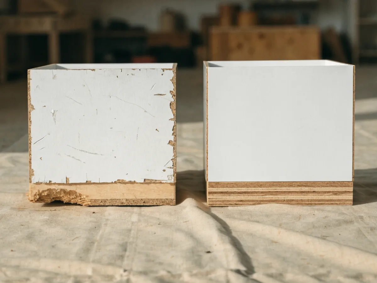 An old particleboard cabinet box beside its plywood replacement on a drop cloth, the raw exposed edge of the old one against the sealed edge of the new