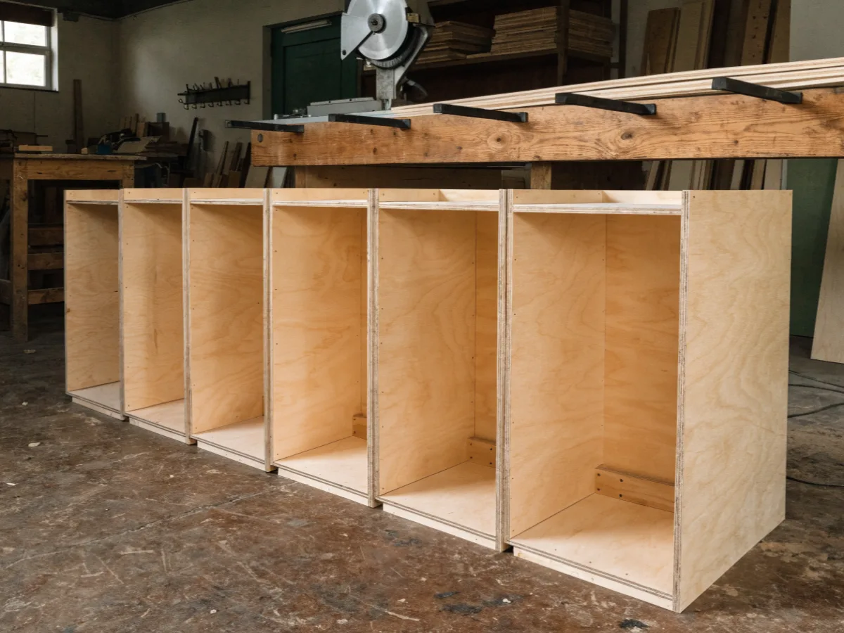 New plywood cabinet boxes stacked and numbered in the shop before delivery, for a kitchen in west Davie