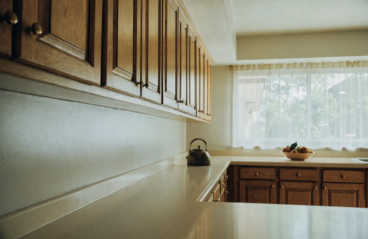A 1980s Davie kitchen still in daily use, with its original honey oak raised-panel doors, brass knobs and cream laminate counter along the wall