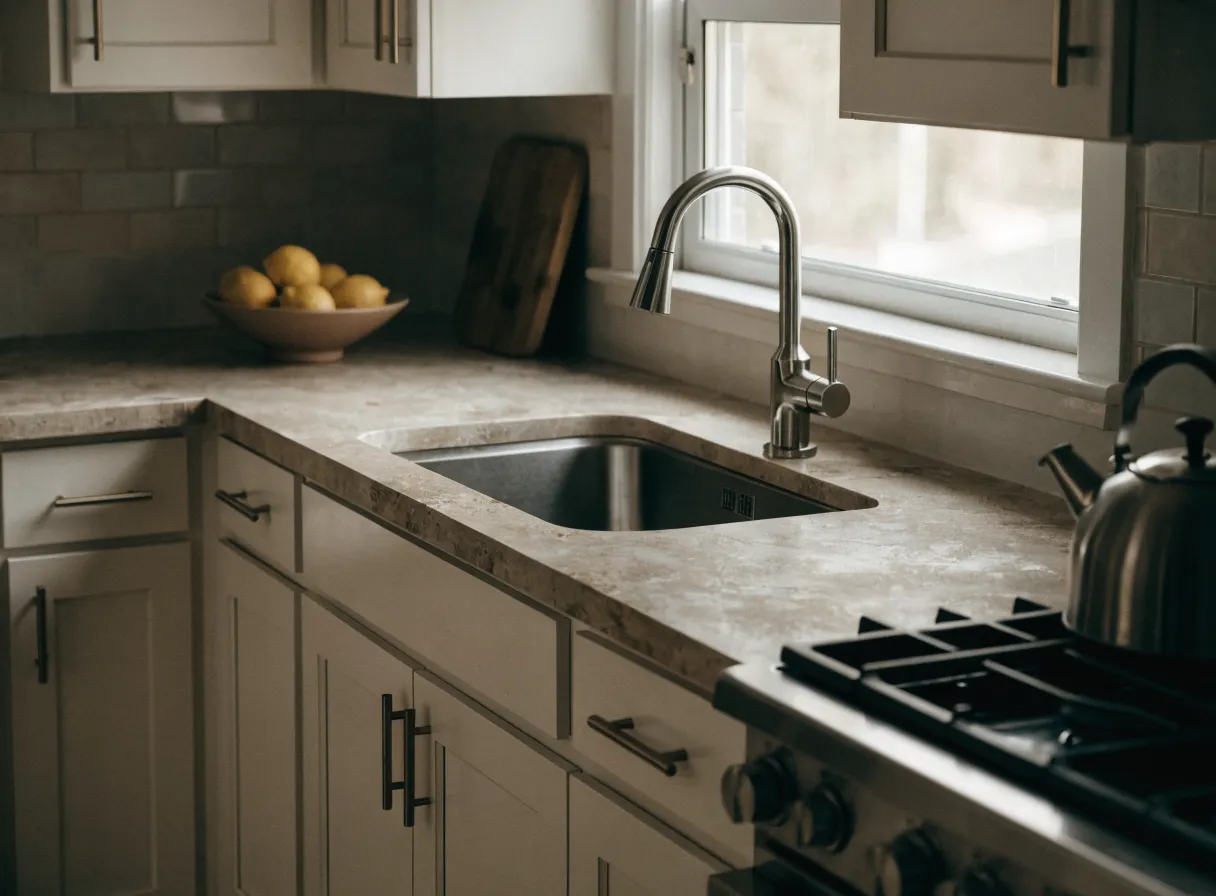 Refaced kitchen cabinets in Davie, FL: the sink corner with shaker fronts, an undermount sink and a tile backsplash