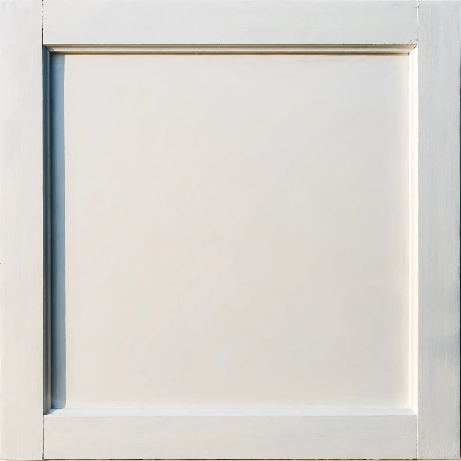 A painted cabinet door in a warm white, the surface flat and even across the panel with no open pores telegraphing through the finish