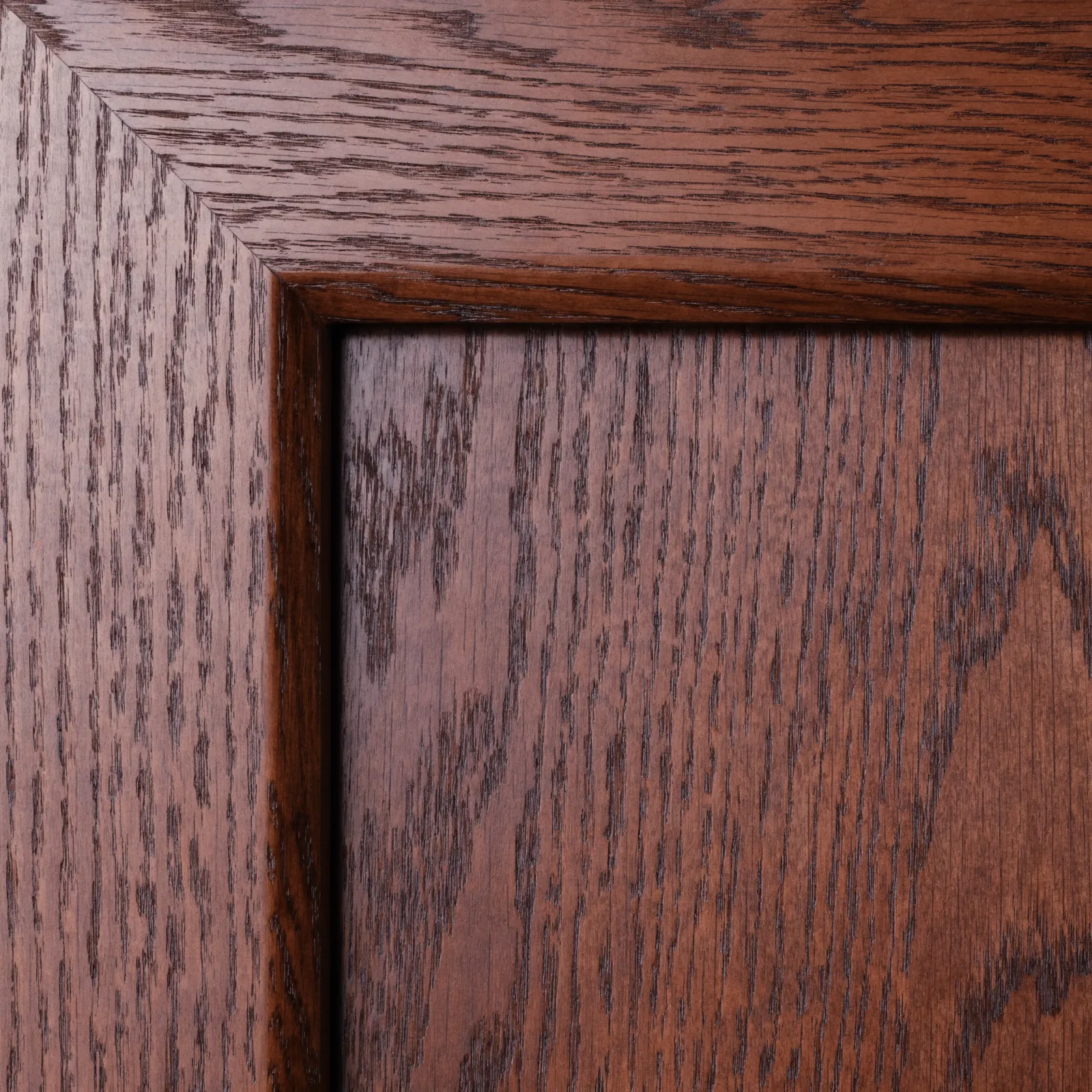 A restained cabinet door in a deep walnut tone with the oak grain still reading through the color across the rail and the stile