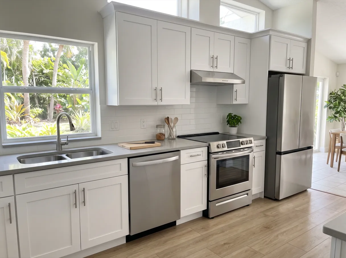A finished kitchen with a run of wall cabinets above a quartz countertop, a stainless dishwasher beside the sink base and brushed nickel pulls on the drawer fronts