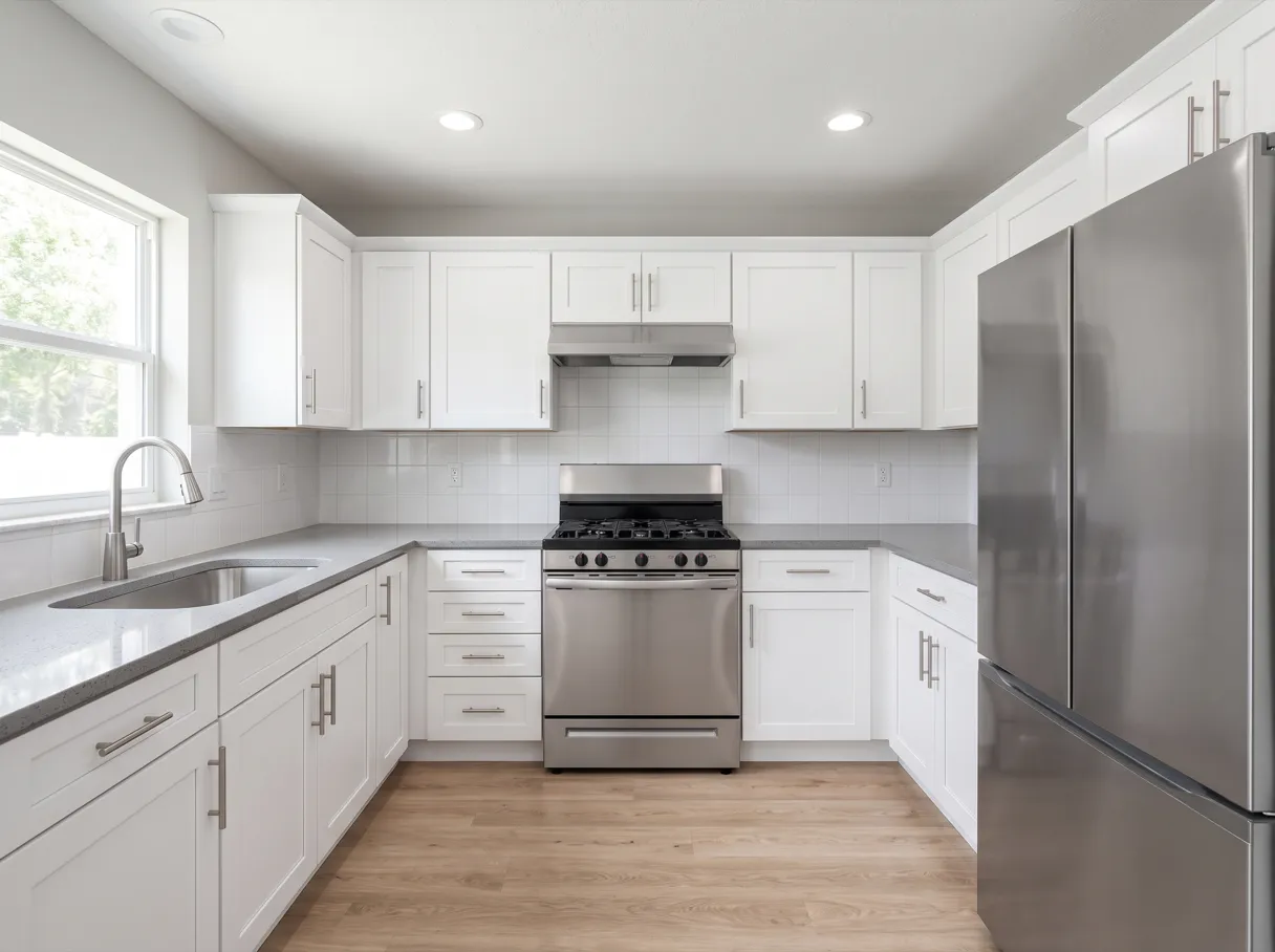 How to compare two kitchen remodel quotes in Davie: a finished kitchen with white shaker cabinets, a grey quartz countertop and a stainless range set between two runs of base cabinets