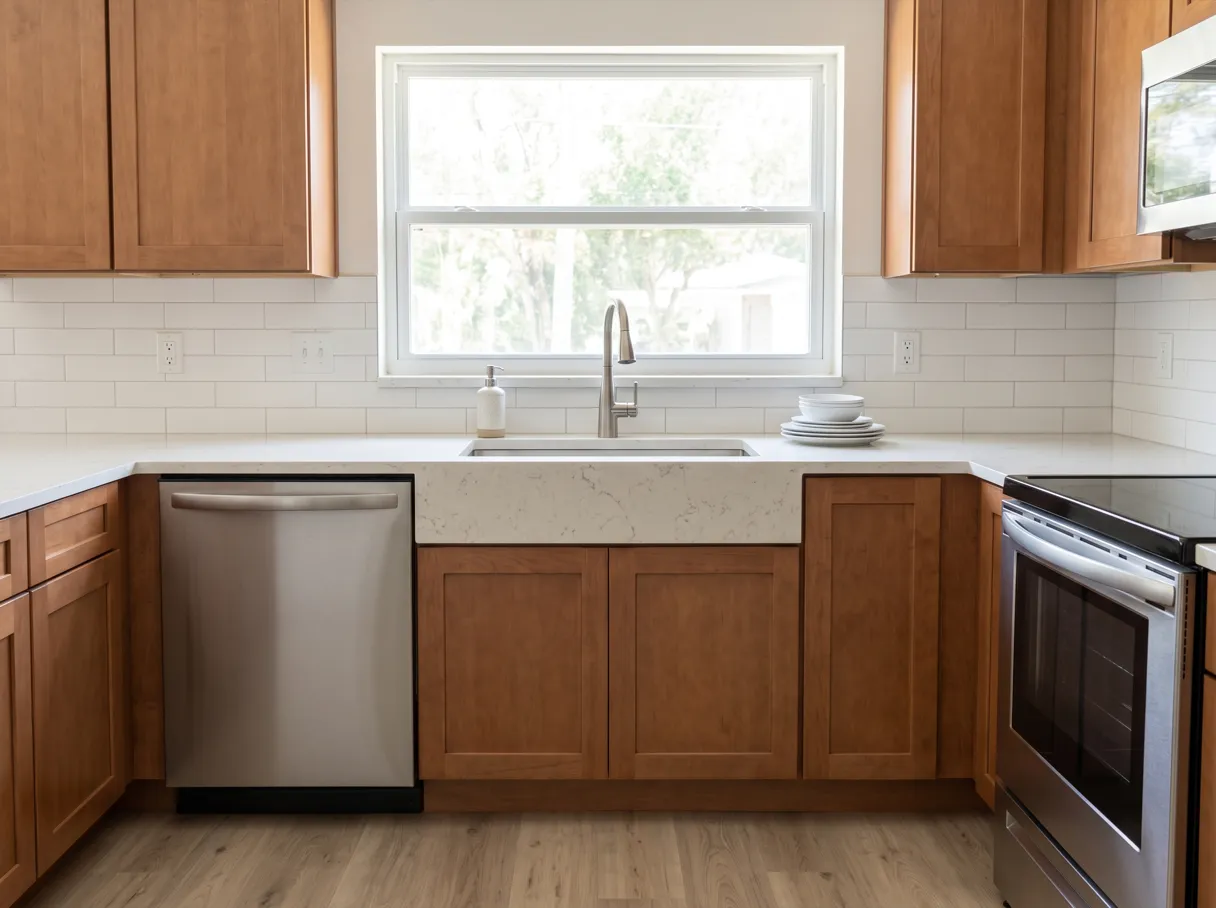 A finished kitchen with a stainless undermount sink set into a quartz countertop below a window, with wood base cabinets running to either side