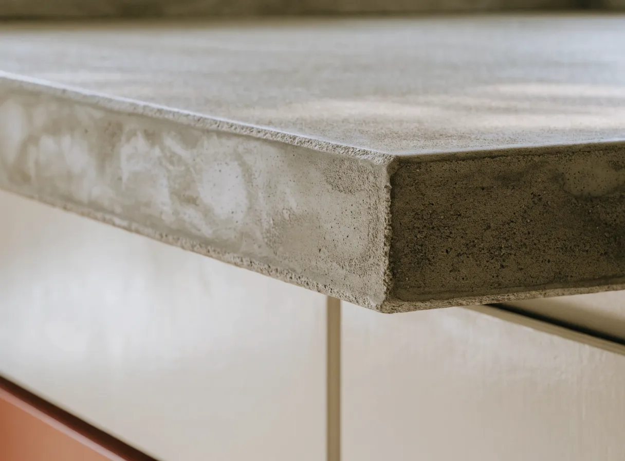 Concrete countertop installation in Davie, FL: the squared edge of a poured concrete slab, the fine sand grain of the surface visible along the profile