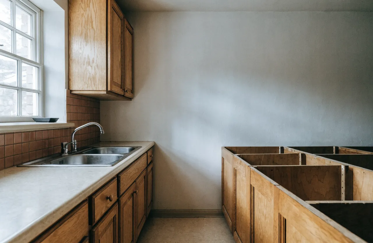 A 1980s Davie kitchen with the original laminate counter still on one run and the cabinet boxes cleared for a poured top