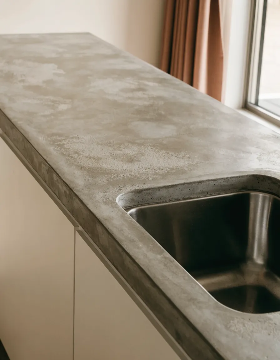 Concrete countertop installation Davie, FL: a warm gray concrete run with a squared edge and a stainless undermount sink over pale cabinet fronts, shot along the length of the run