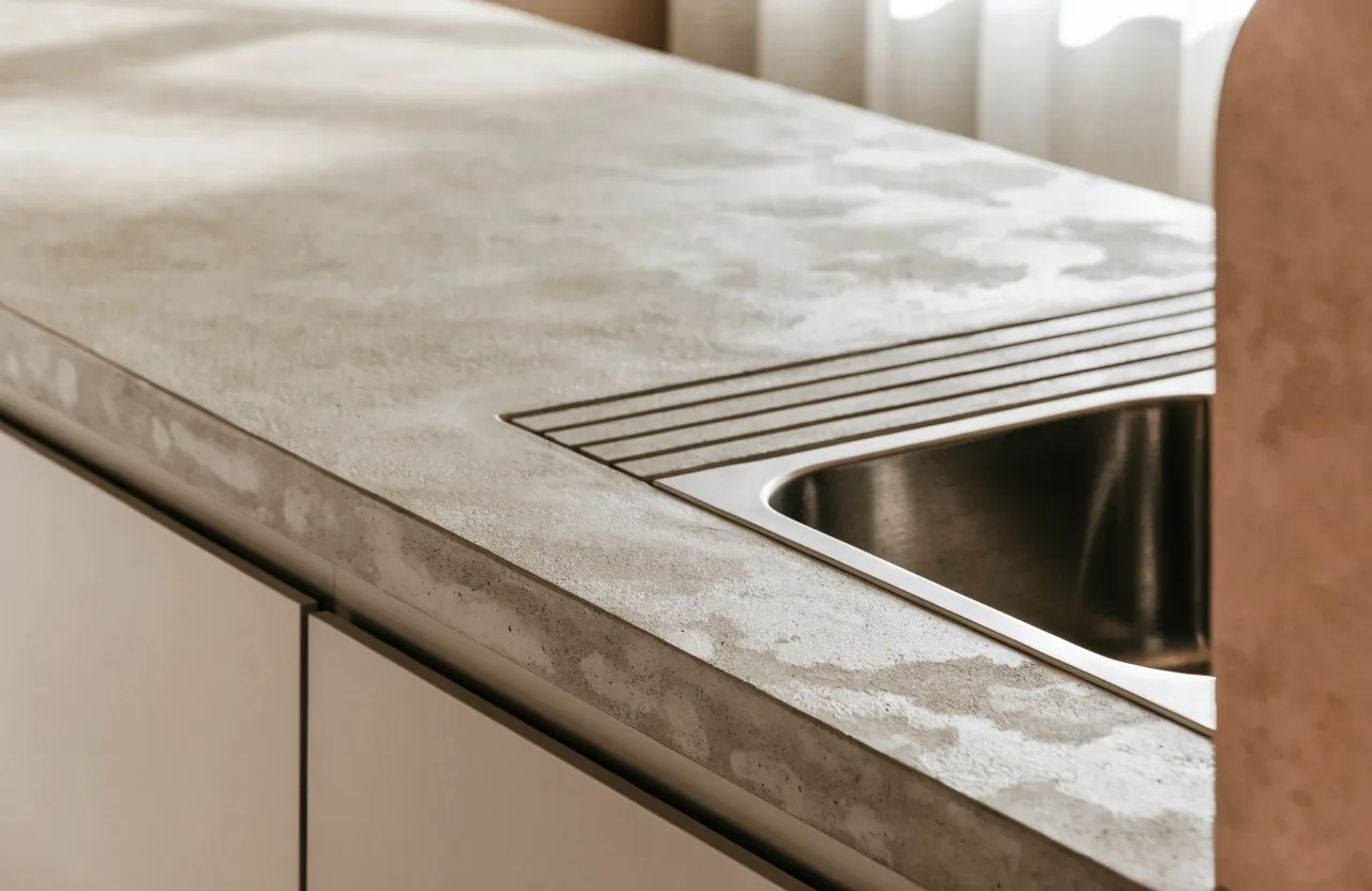 An integral drainboard cast into a concrete counter beside the sink, the shallow channels running out of the slab itself