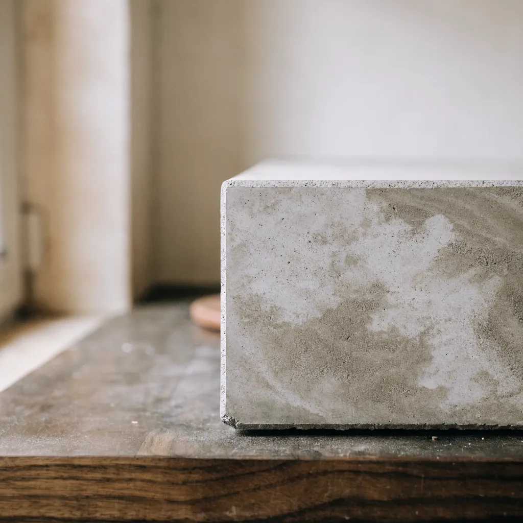 A precast concrete countertop section resting on the shop bench after demolding, the mold face smooth and unpolished