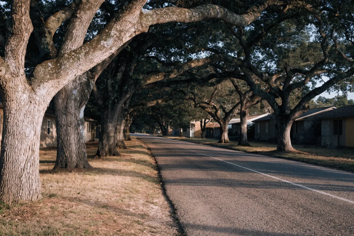 A two lane road with a wide grass shoulder and mature oaks in old Davie, low buildings set back from the pavement and no legible signage