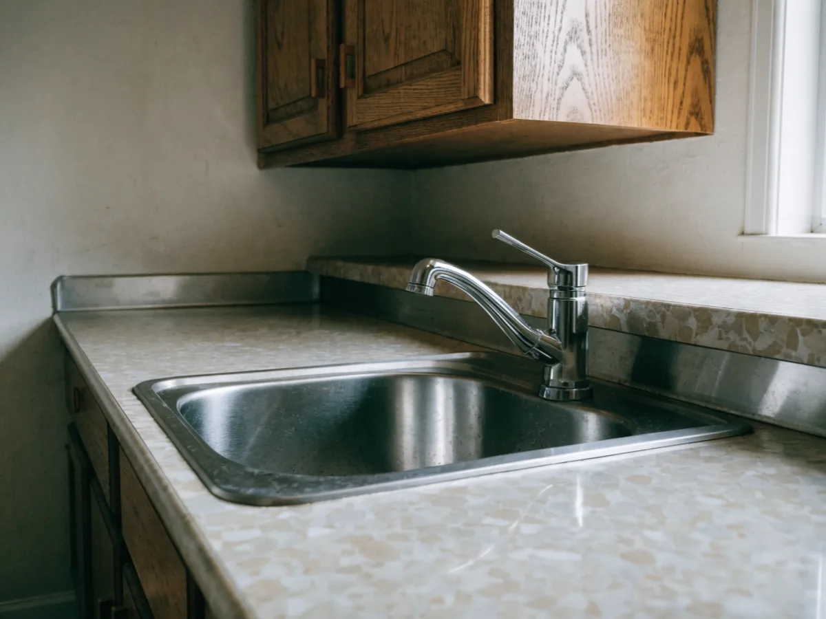 An older laminate counter with a metal edge strip and a drop in sink in a small single story Davie kitchen