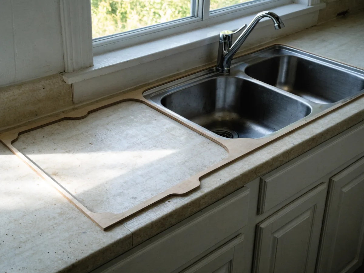 A countertop template laid and fixed over the installed base cabinets of a Davie kitchen before anything is removed