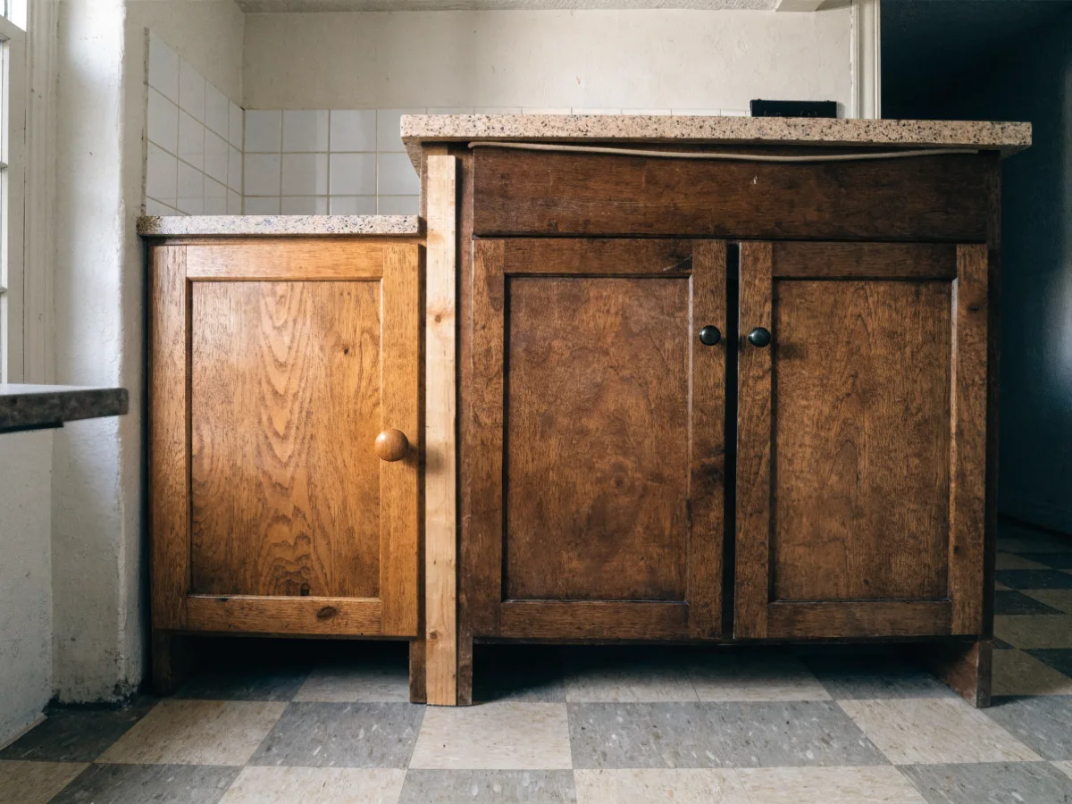 Two adjoining base cabinets in a Davie kitchen that do not match, different depths with a filler strip between them where the run was extended later