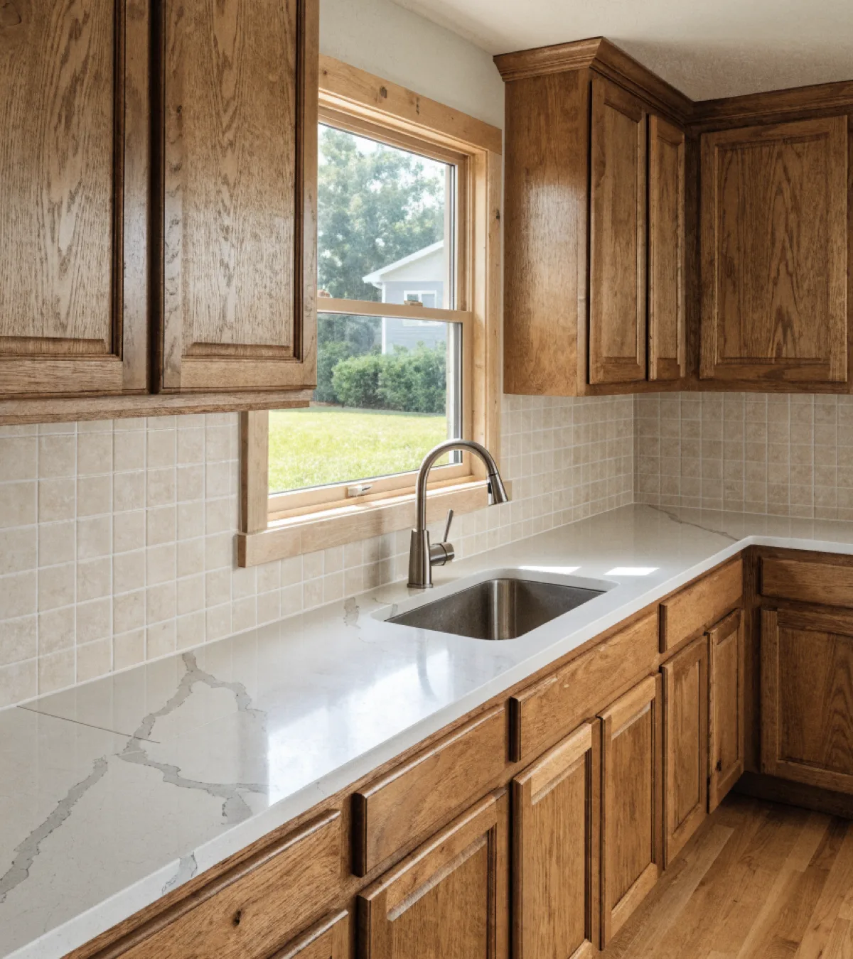 Countertop contractor near Bergeron Rodeo Grounds in Davie: a finished quartz counter running the full length of one wall with a single corner seam and an undermount sink