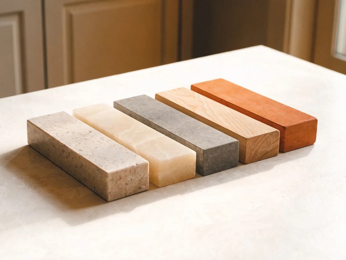 Countertop contractor in Davie, FL: quartz, granite, marble and porcelain samples laid out side by side